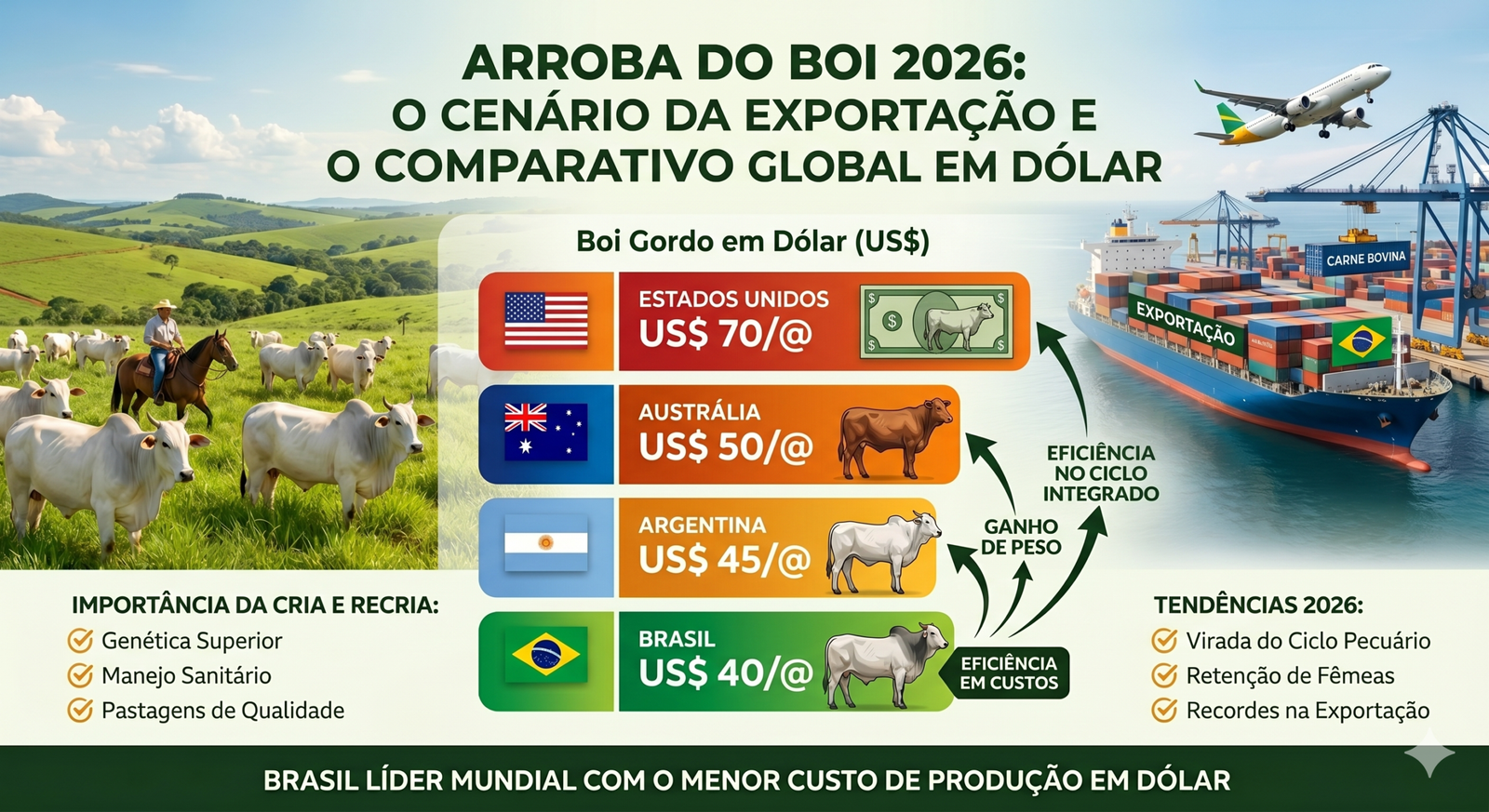 Arroba do Boi 2026: O Cenário da Exportação e o Comparativo Global em Dólar